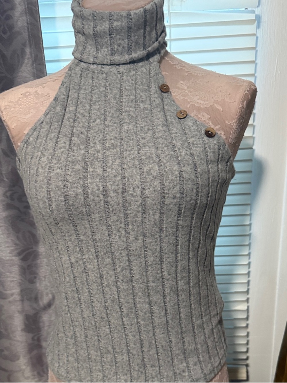 Women’s Gray Ribbed Turtleneck Top with Button Detail